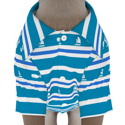 Dog Sailboat & Whale Striped Button-Up Shirt – Blue & White Nautical Pet Cruise Outfit