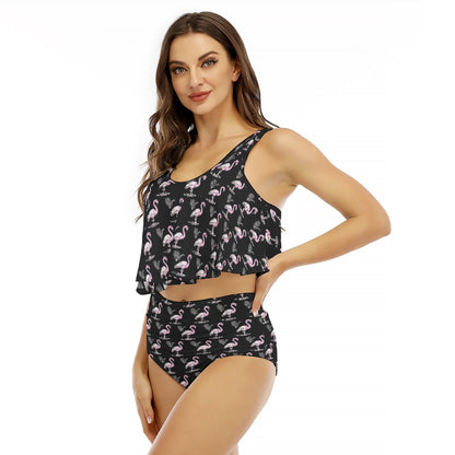 Black Doodle Flamingo Two-Piece Swimsuit with Belly Cover Ruffled Vest Bikini Swimsuit