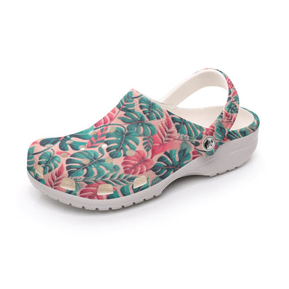 Women's Classic Clogs PINK AND GREEN TROPICAL LEAF Garden Clogs Lightweight Soft EVA Anti-Slip