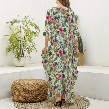 Hibiscus Imitation Silk V-Neck Kaftan Robe Dress
