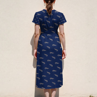 Women’s Florida Gators Inspired Dark Blue Floral Midi Dress V-Neck Flutter Sleeve Fan Dress