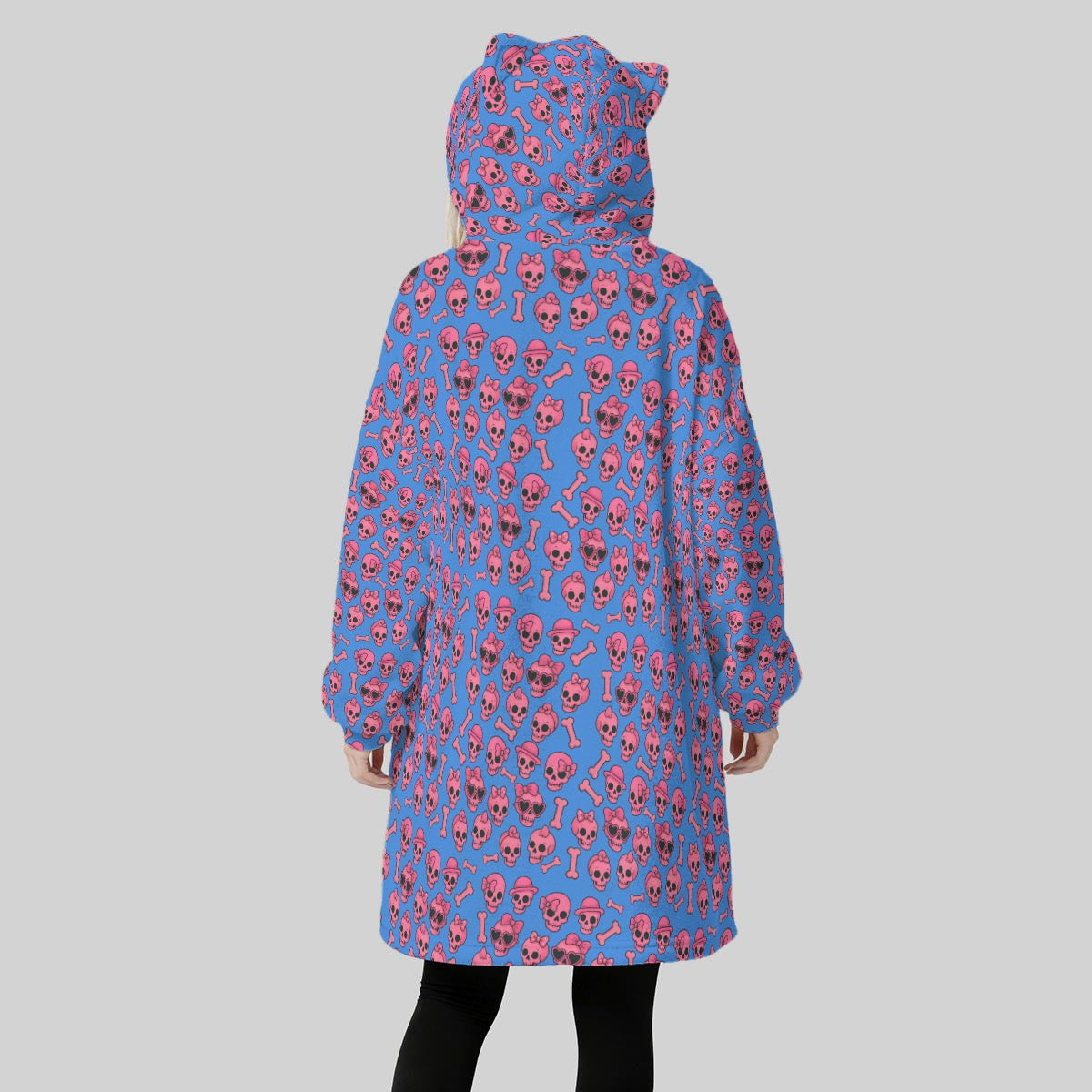 Blue Pink Girly Skull Hoodie Blanket for Women – Cute Pastel Goth Fleece Wearable Blanket with Ears
