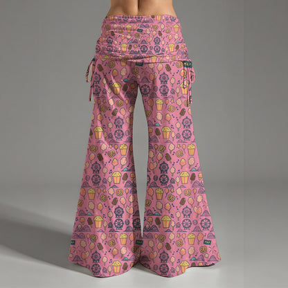 Women's High Waist Wide Leg Pants Pink Theme Park Travel Snacks Yoga Cotton Candy Pretzel Pattern