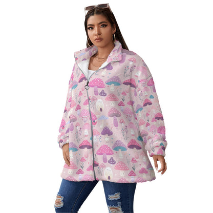 Pink Happy Mushroom Print Super Soft Cozy Jacket Closure (Plus Size)