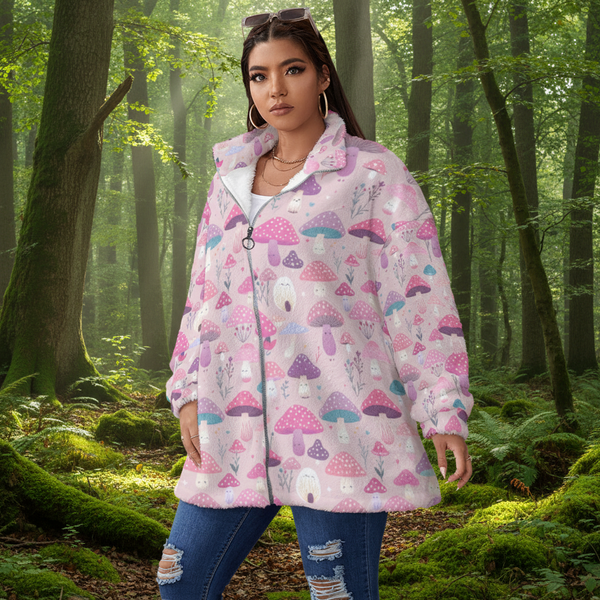 Pink Happy Mushroom Print Super Soft Cozy Jacket Closure (Plus Size)