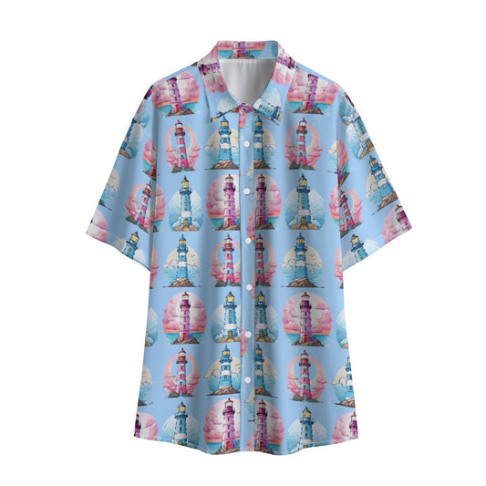 Light Blue Men's Lighthouse Button-Up Shirt with Lightweight Stretch Fabric Cruise Vacations Sailing