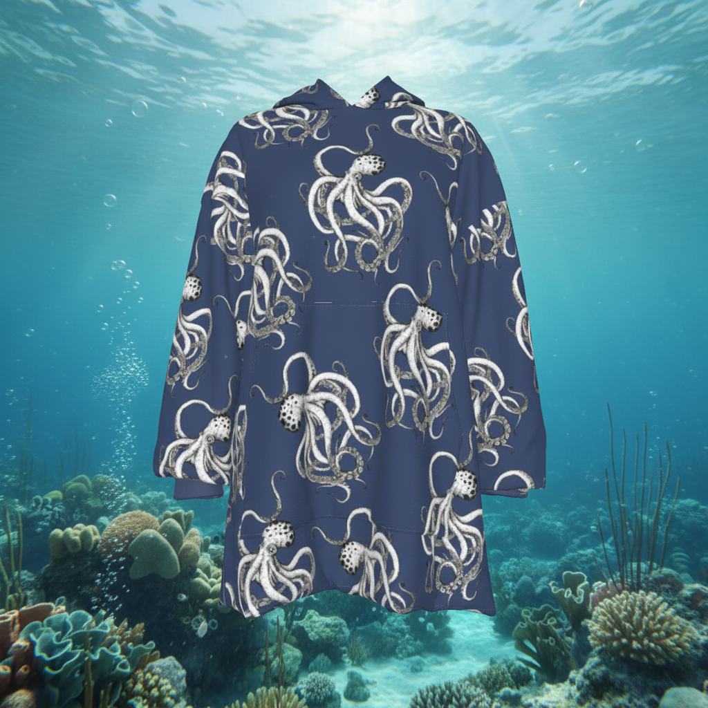 Navy Blue Vintage Octopus Print Cozy Fleece Oversized Sweatshirt Women's Sherpa Fleece Hoodie Blanket