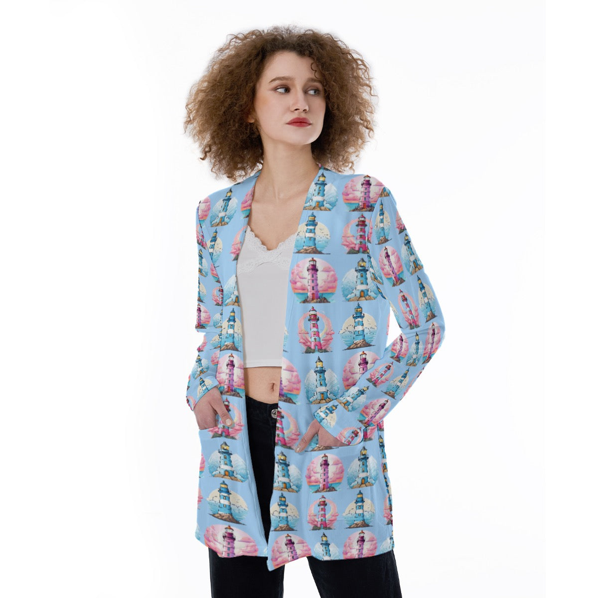 Pink & Blue Lighthouse Sweater Nautical Coastal Knit Top Cruise & Beach Vacation Wear Pockets