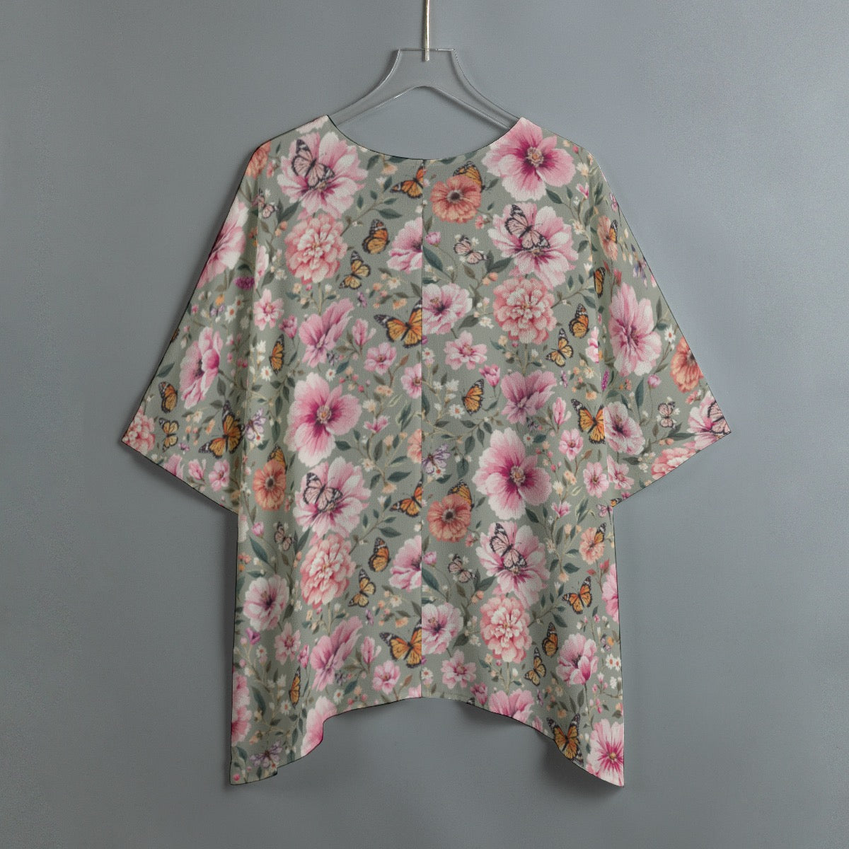 Butterfly & Floral Batwing Blouse Grey Pink Flower Boho Flowy Top