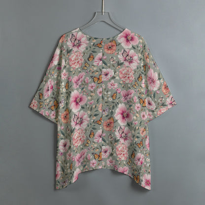 Butterfly & Floral Batwing Blouse Grey Pink Flower Boho Flowy Top