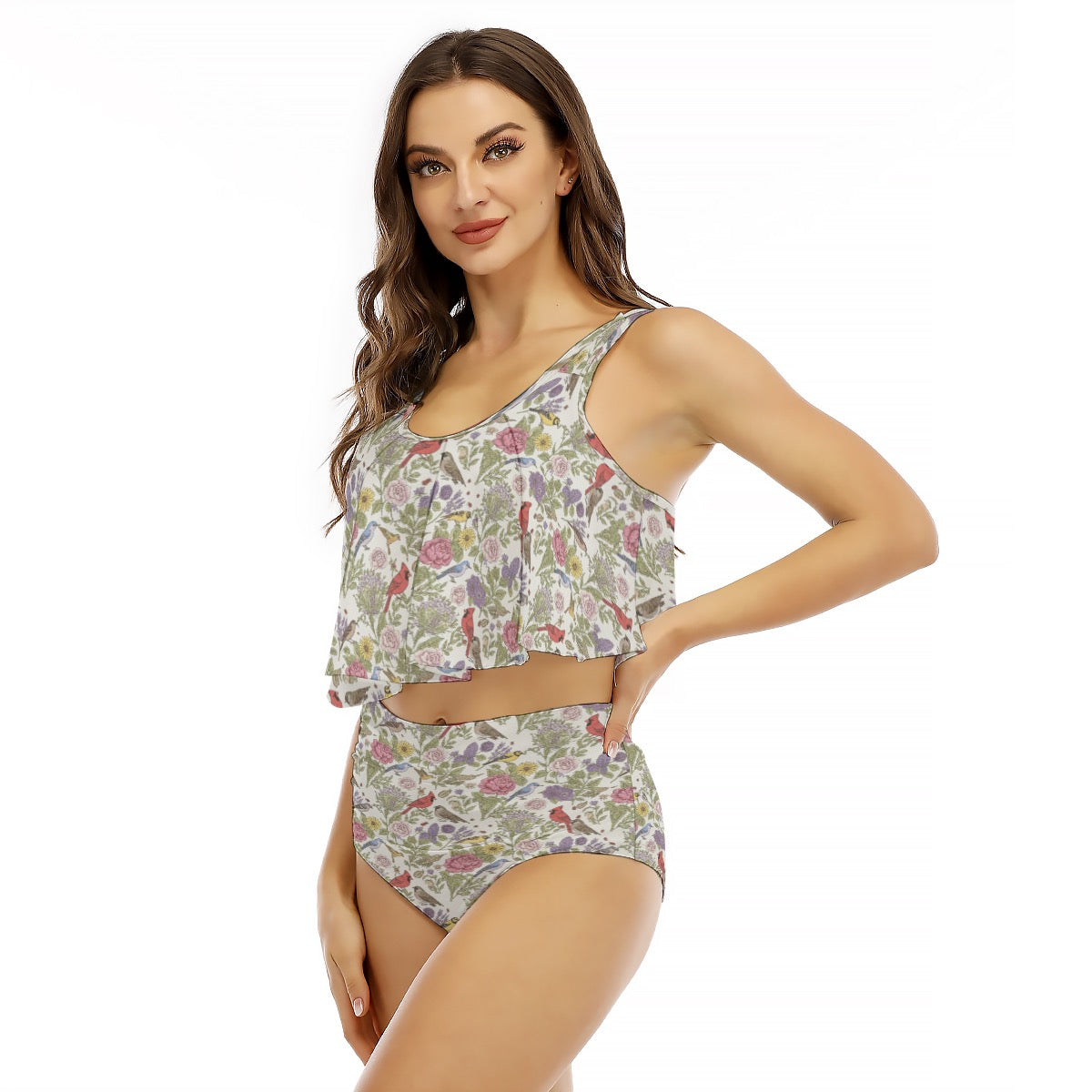 Women’s Ruffled Bikini Set Vintage Bird Print 2 Piece Swimsuit