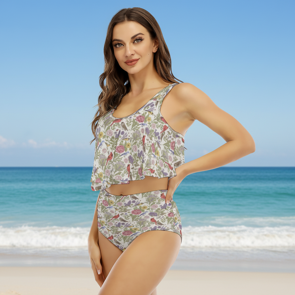Women’s Ruffled Bikini Set Vintage Bird Print 2 Piece Swimsuit