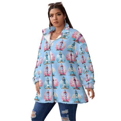 Oversize Lighthouse Super Soft Fleece Zip-Up Jacket for Women Pink & Baby Blue Coastal Borg Fleece