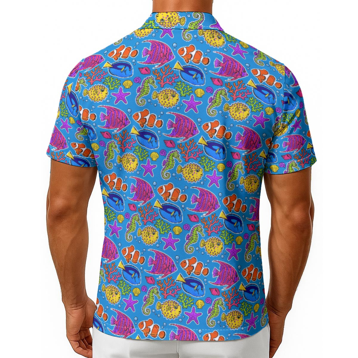 Men’s Tropical Ocean Fish Hawaiian Button-Up Shirt, Colorful Marine Life Print, Beach & Cruise