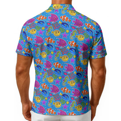 Men’s Tropical Ocean Fish Hawaiian Button-Up Shirt, Colorful Marine Life Print, Beach & Cruise