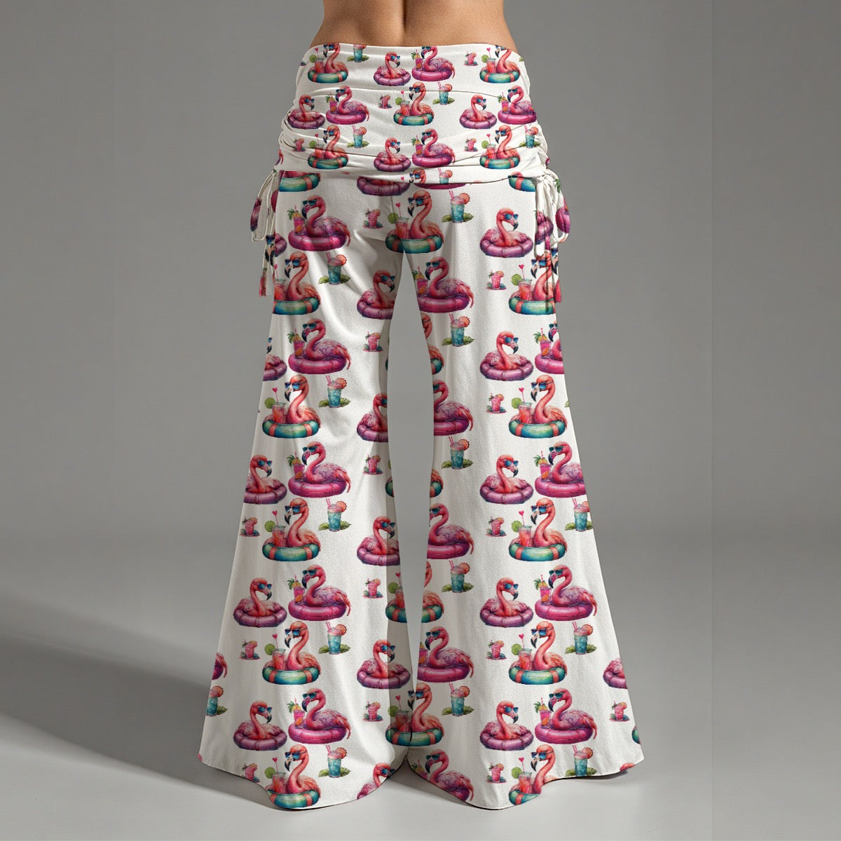 Fabulous Flamingo Drinking Print Hippie Flare Pants Fun Cruise & Vacation Outfit Wide Leg Pants