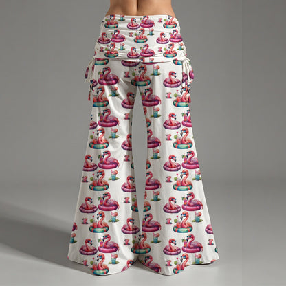 Fabulous Flamingo Drinking Print Hippie Flare Pants Fun Cruise & Vacation Outfit Wide Leg Pants