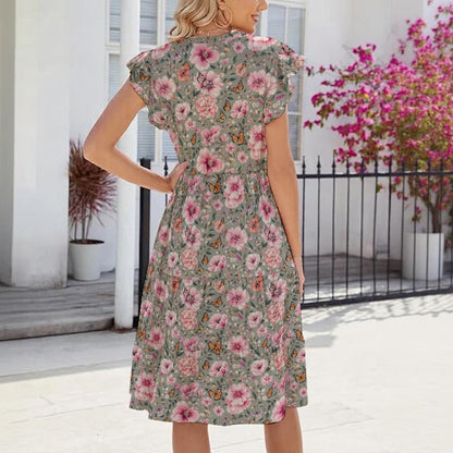 Grey Floral & Monarch Butterfly Dress with Pockets | Super Stretchy Women’s Dress