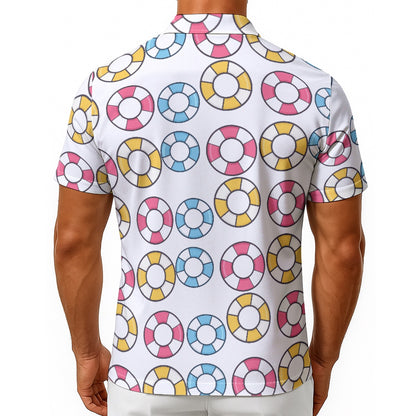 Men's Hawaiian Shirt With Button Closure Pink Yellow Blue Swim Ring Pattern Lightweight Cruise Shirt