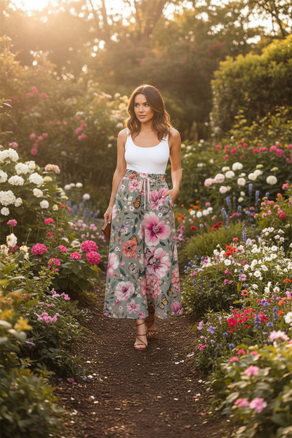Butterfly & Floral Flare Pants Grey Bell Bottom Leggings with Pink Flowers