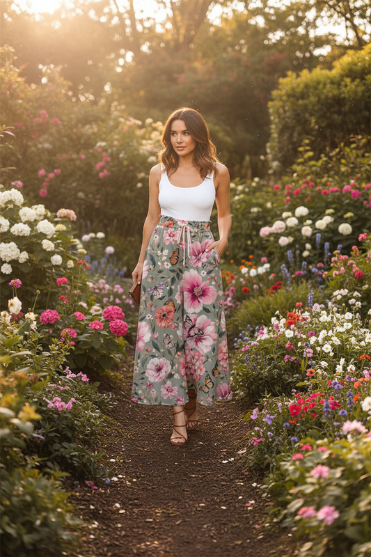 Butterfly & Floral Flare Pants Grey Bell Bottom Leggings with Pink Flowers