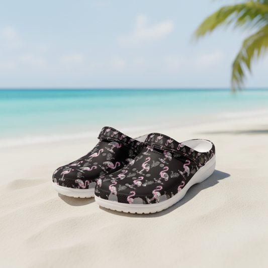 Women’s Black Flamingo Doodle Art Clogs Waterproof Cruise Travel Shoes for Beach Pool