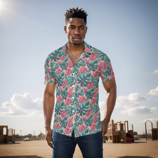 Men's Button-Up Shirt Pink Green Leaf Garden Print Breathable Stretch Fabric