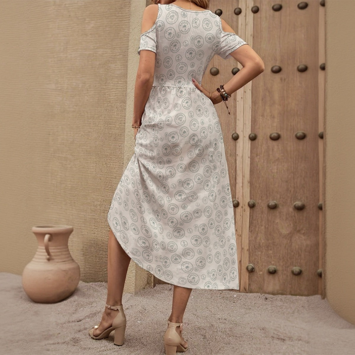 Women’s Vintage Tan Postage V-Neck Off-Shoulder Dress Sexy Cruise Dress with Pockets Lightweight