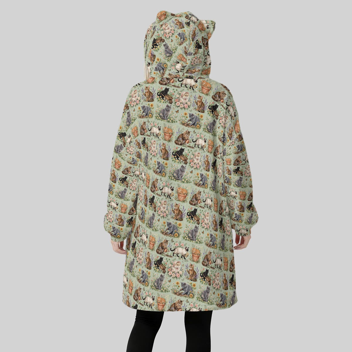 Women's Vintage Gardening Cats Blanket Hoodie – Green Cat Print Oversized Fleece Wearable Blanket