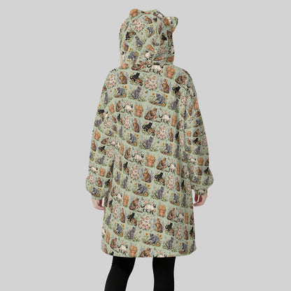 Women's Vintage Gardening Cats Blanket Hoodie – Green Cat Print Oversized Fleece Wearable Blanket