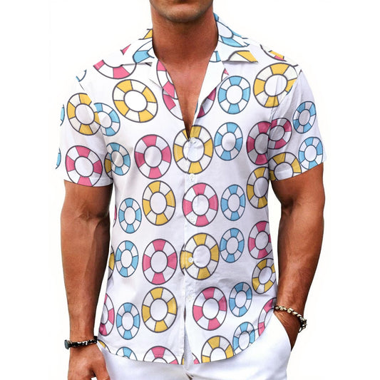 Men's Hawaiian Shirt With Button Closure Pink Yellow Blue Swim Ring Pattern Lightweight Cruise Shirt