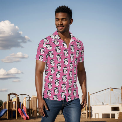 Matching Couples & Pets Christmas Shirt - Men's Hot Pink Penguin Holiday Button-Up