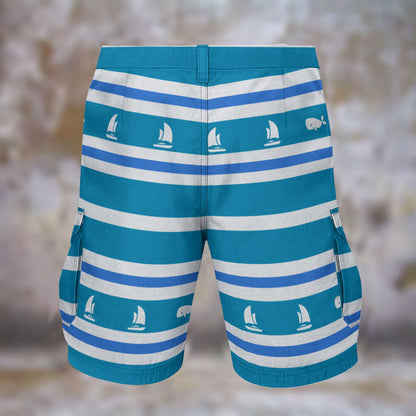Nautical Blue Sailboat Striped Men’s Cargo Pants Cruising Beach Wear