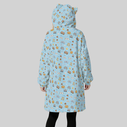 Baby Blue Noah’s Ark Animal Hoodie Blanket for Women – Cozy Fleece Wearable Blanket with Cat Ears