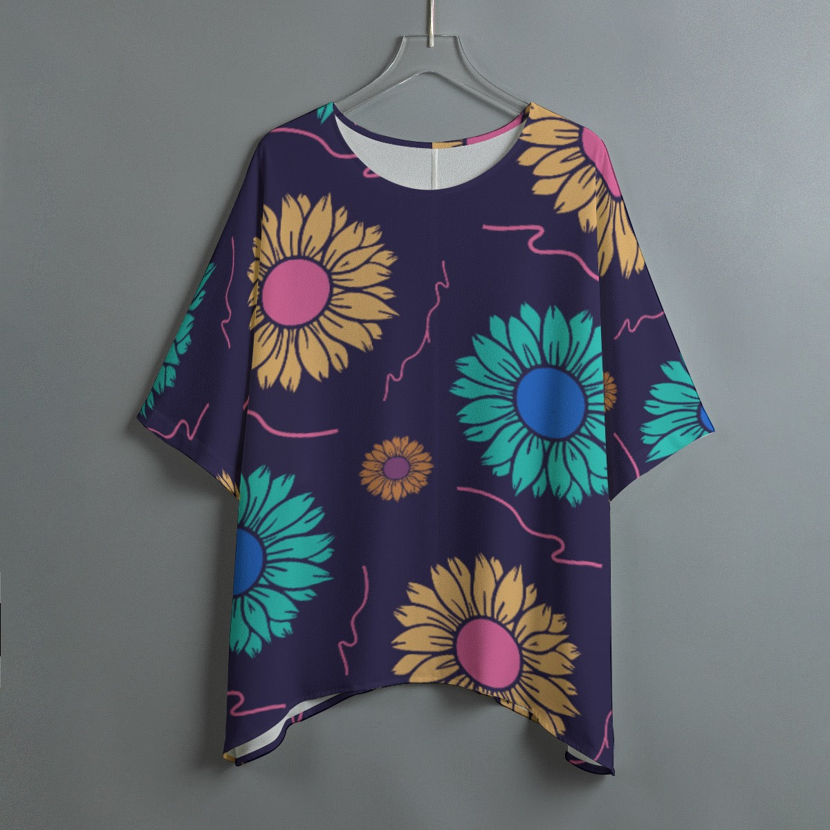 Women’s Boho Batwing Sleeve Blouse Blue Pink Yellow Colorblock Flowy Shirt