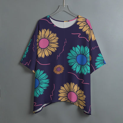 Women’s Boho Batwing Sleeve Blouse Blue Pink Yellow Colorblock Flowy Shirt