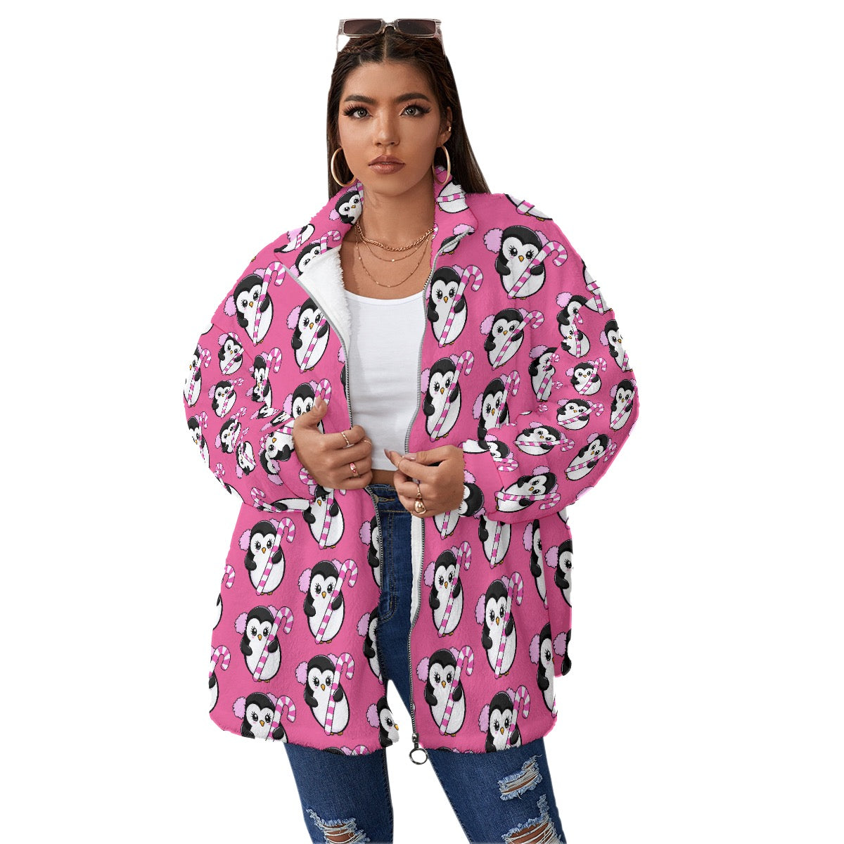 Unisex Fleece Collar Coat with Zipper Closure, Double-Sided Soft Warm Hot Pink Penguin Jacket