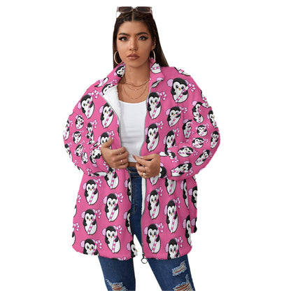 Unisex Fleece Collar Coat with Zipper Closure, Double-Sided Soft Warm Hot Pink Penguin Jacket
