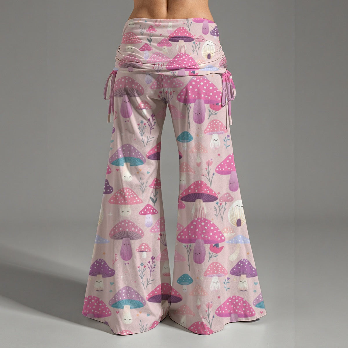 Pink Happy Mushroom Print High Waisted Wide Yoga Leggings