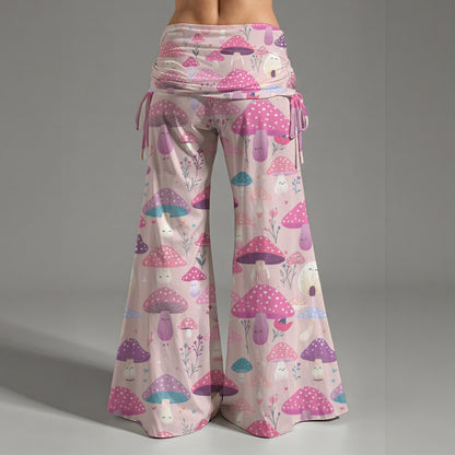 Pink Happy Mushroom Print High Waisted Wide Yoga Leggings