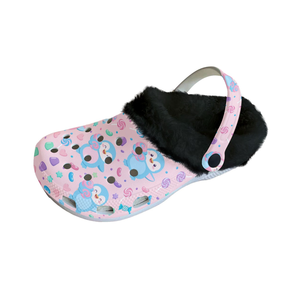 Women’s Pink Cotton Candy Penguin Faux Fur Lined Clogs – Warm Cozy Winter Slip-On Shoes