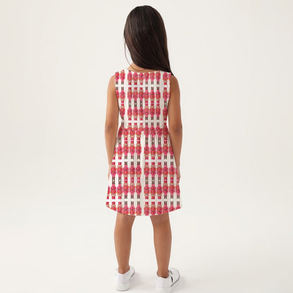 Girls Hot Pink & White Nutcracker Print Sleeveless Dress Soft Stretchy Milk Silk Fabric Christmas