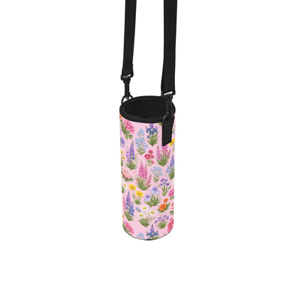 Baby Pink Floral Water Bottle Sleeve with Strap Garden Print Travel Cup Holder Hiking & Gardening