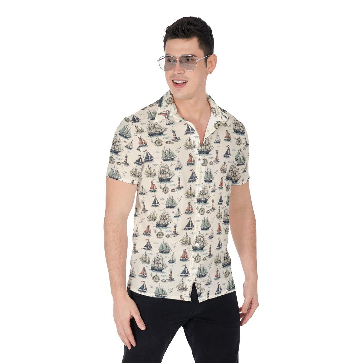 Men’s Vintage Sailboat Button Up Shirt – Nautical Coastal Cruise Shirt