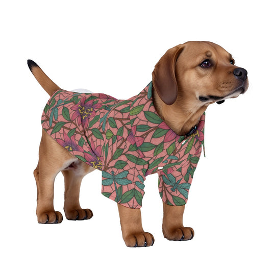 Pet's Hawaiian Shirt Stained Glass Passion Flowers and Dragonflies Print, Breathable Pink Floral