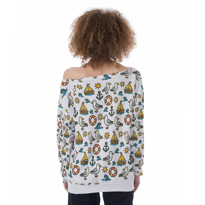 Beach Seagull Sailboat Off-Shoulder Sweatshirt Coastal Cute Cruise & Vacation Pullover