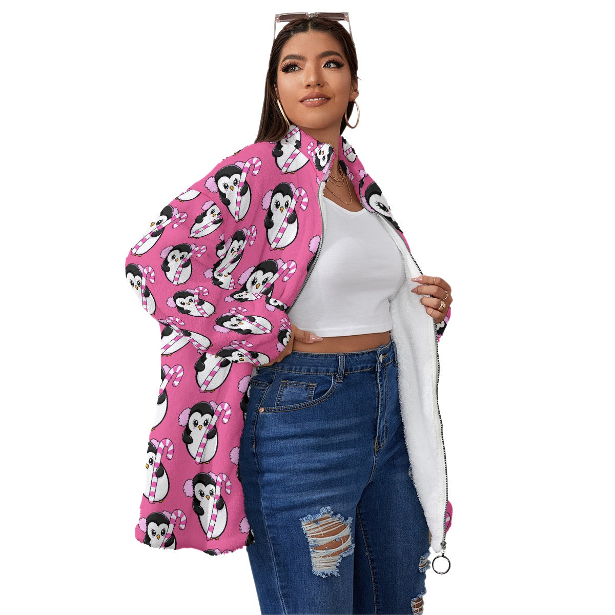 Unisex Fleece Collar Coat with Zipper Closure, Double-Sided Soft Warm Hot Pink Penguin Jacket