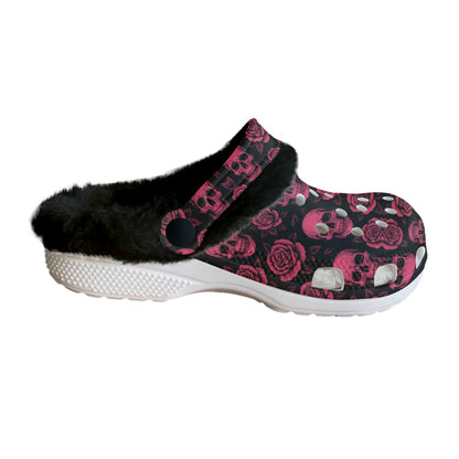 Pink Skull & Roses Women's Classic Clogs with Fleece Garden Design, Anti-Slip EVA