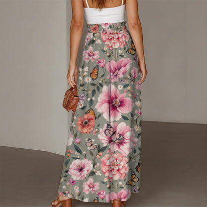 Butterfly & Floral Flare Pants Grey Bell Bottom Leggings with Pink Flowers