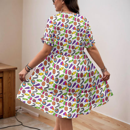 90s Pop Art Candy Dress for Women – Colorful Retro V-Neck A-Line Dress